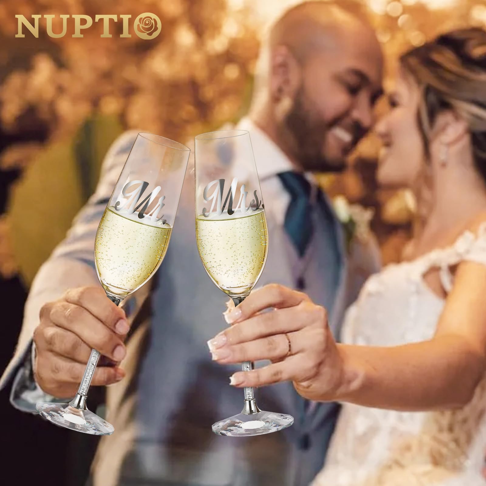 Nuptio Copas Champagne Cristal Boda: Set de 2 Copas de Vino para Boda con Caja Madera - Regalo Señor para Brindis Personalizadas para Novios, Compromiso, 50 Aniversario y Fiesta Cumpleaños