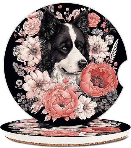 Portavasos de cerámica para mujereshombres, bonitos portavasos absorbentes para automóvil con muesca de dedo de 2.56 pulgadas, paquete de 2, flores