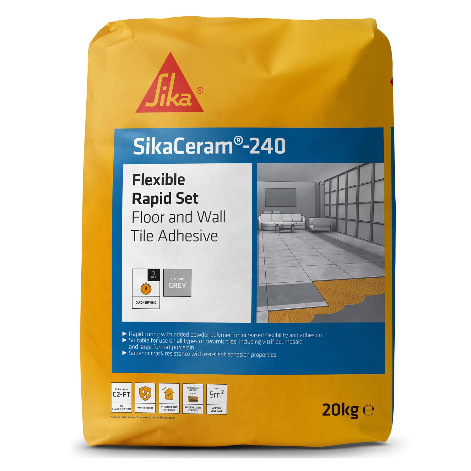 Sika SikaCeram 240 Flexible Rapid Set Floor and Wall Tile Adhesive – Excellent Adhesion Properties – Rapid Setting – Grey – 20 kg