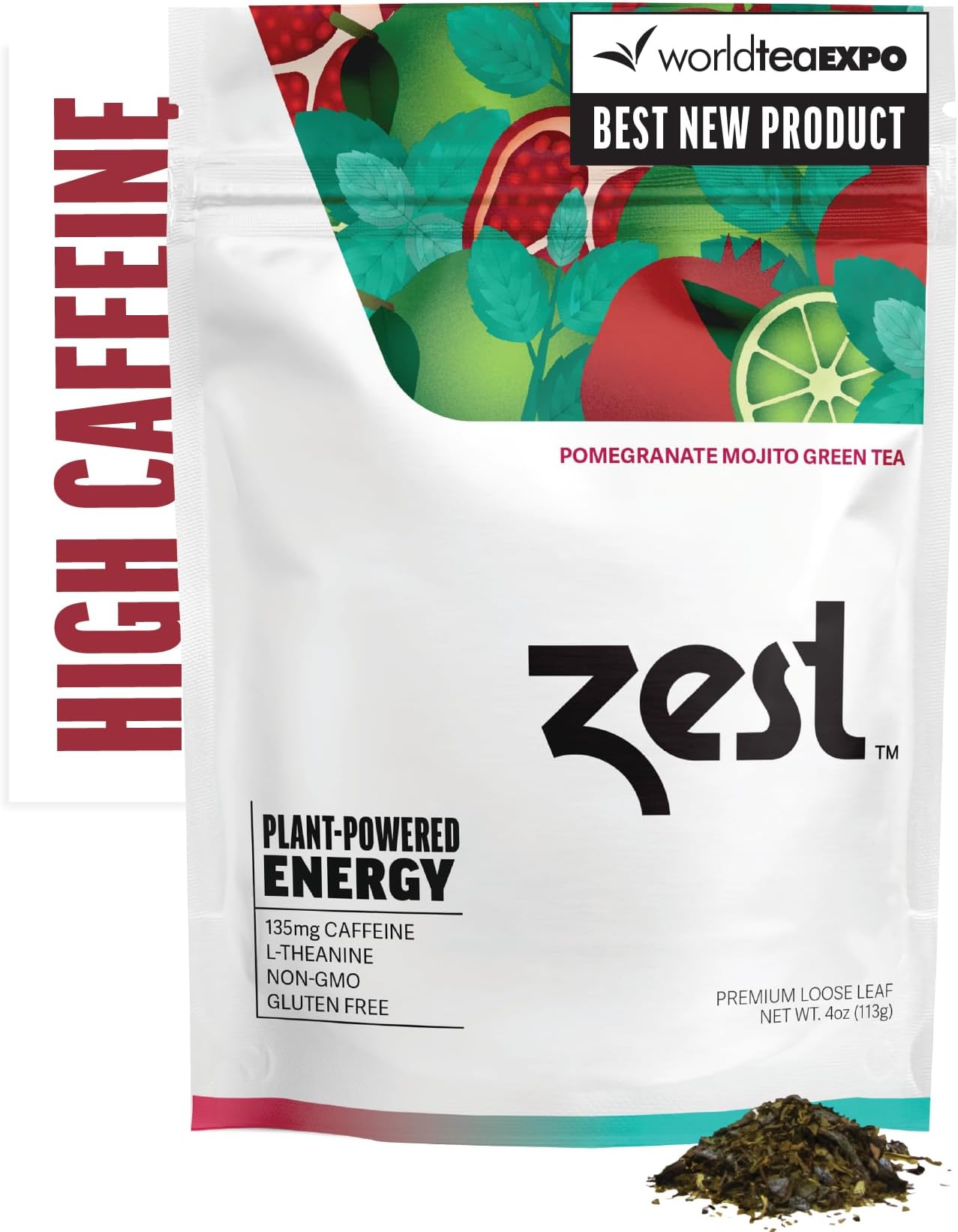 - Zest Energy Green Tea - Pomegranate Mojito Loose Leaf Blend - High Caffeine Peppermint - Caffeinated Coffee Substitute - Natural, Non-GMO & Keto Friendly - Hot or Iced - 50 Servings - 135mg Caf