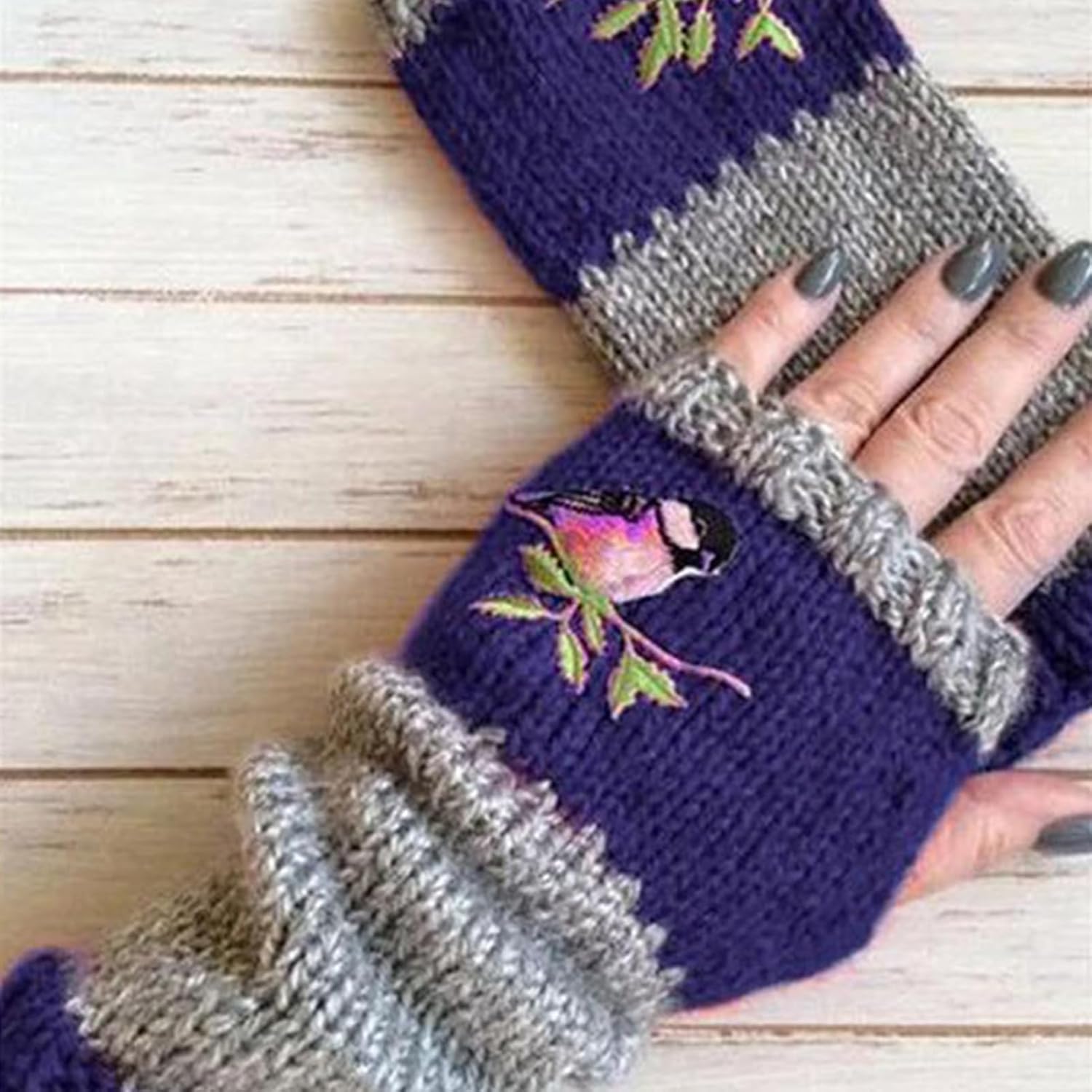 Women Knitted Gloves, Autumn Winter Warm Gloves, Bird Embroidered Knit Fingerless Color Block Stretchy Mitten - Image 4