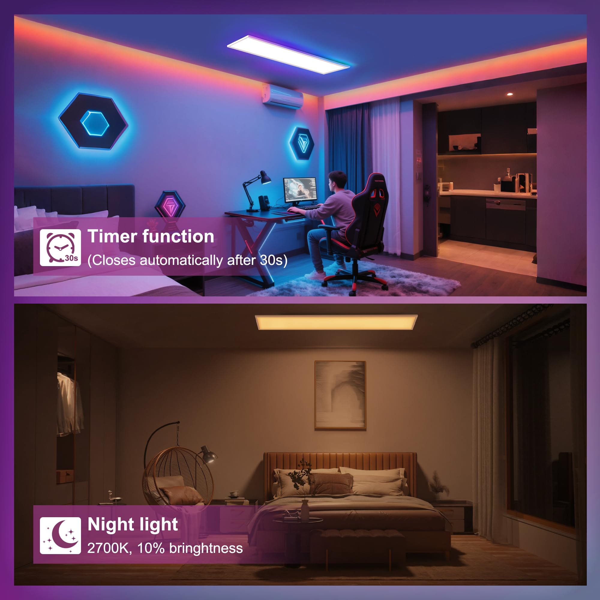 YindaLux 1x LED Panel 120x30 cm Deckenleuchte 40W mit RGB-Backlight Weiß | 4000lm, dimmbar, 2700–6500K, Fernbedienung, Nachtlicht, Speicherfunktion, Hauptlicht und Backlight separat steuerbar