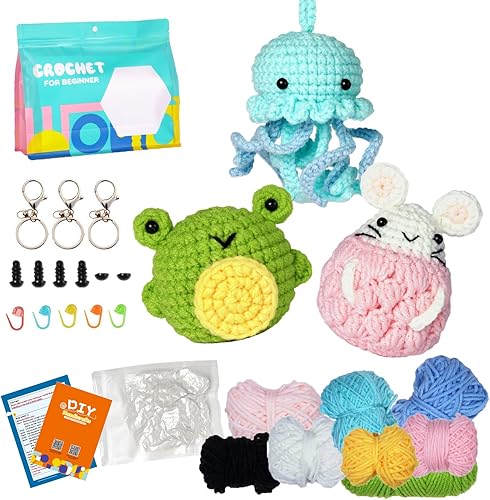 EAZYIN Kit de ganchillo para principiantes, kit de animales de ganchillo para adultos y niños, conejo, hámster, juego de animales de rana, festival,
