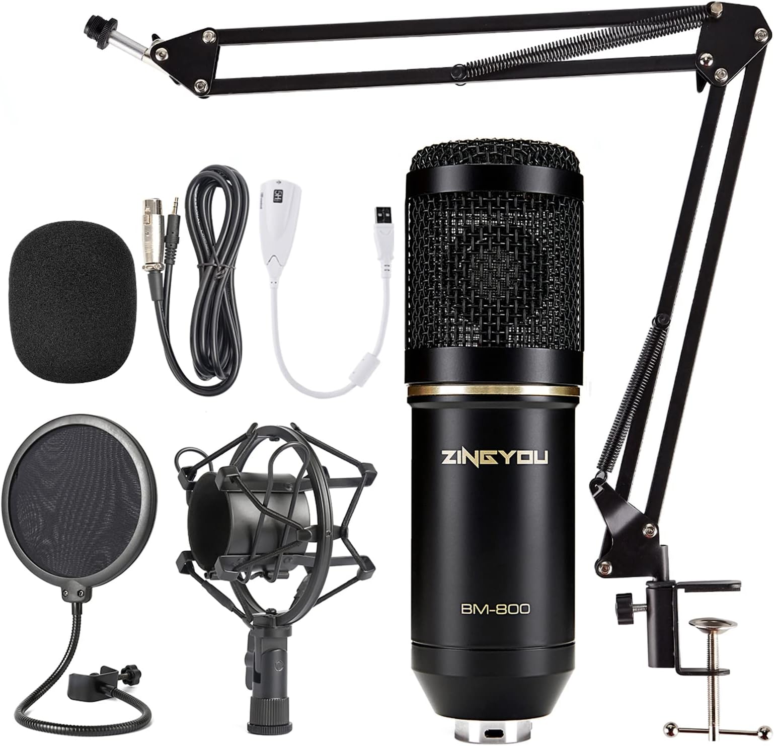 ZINGYOU Condenser Microphone Kit, BM-800 Mic Set with Adjustable Mic Suspension Scissor Arm, Metal Shock Mount and Double-layer Pop Filter for Studio Recording & Broadcasting(Black)