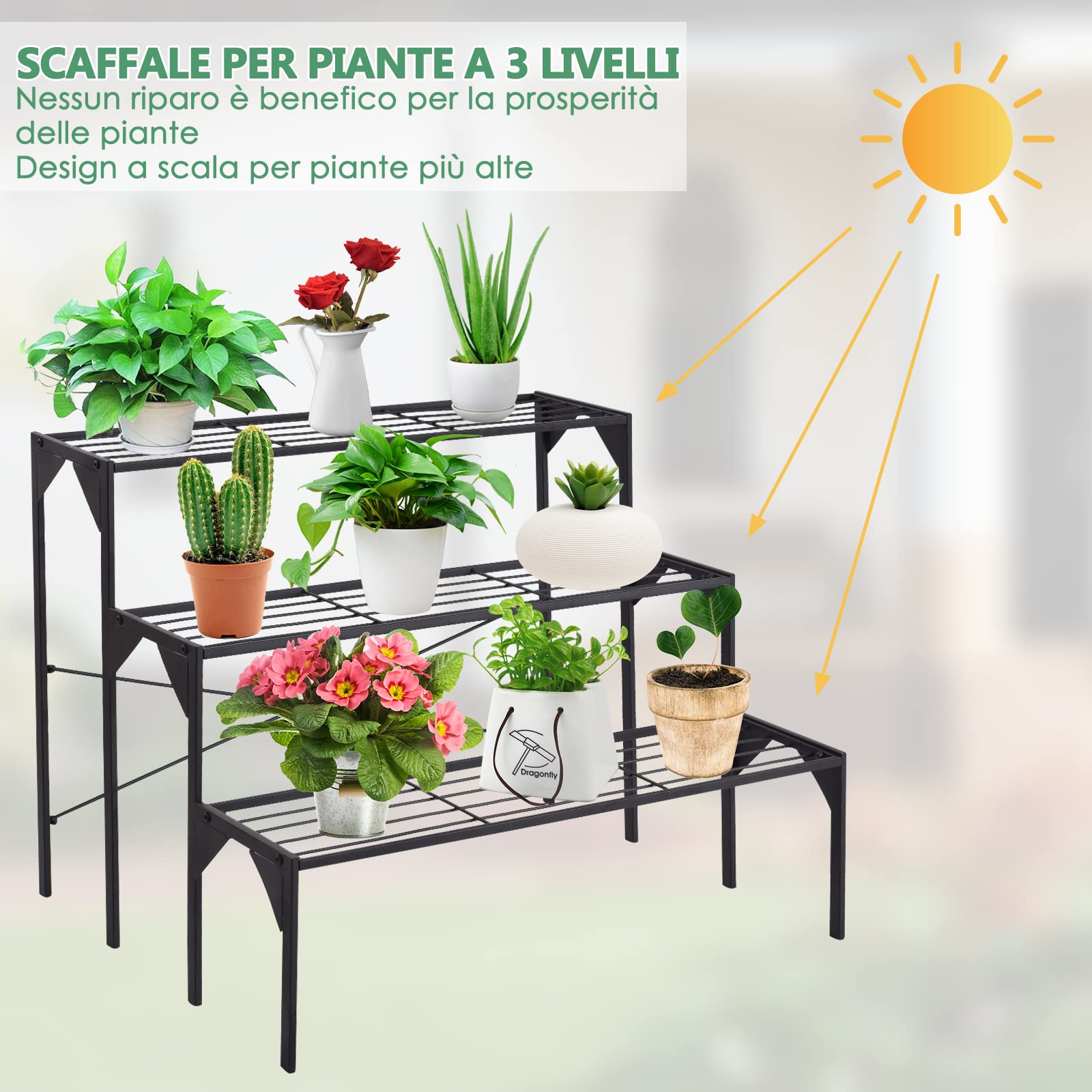 GYMAX Scaffale Porta Piante In Ferro – 8 Ripiani, 85x65x66 Cm, Nero, Per Interno/Esterno - 2