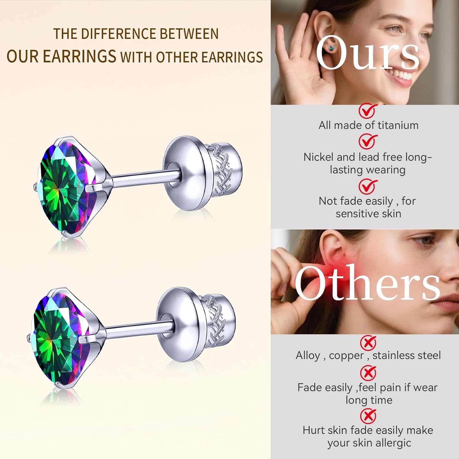 G23 Titanium CZ Stud Earrings, Hypoallergenic F136 Implant Grade Titanium Screw Back Simulated Diamond Earrings for Sensitive Ears, 6mm 5A Cubic Zirconia Stud Earrings for Women - Image 4