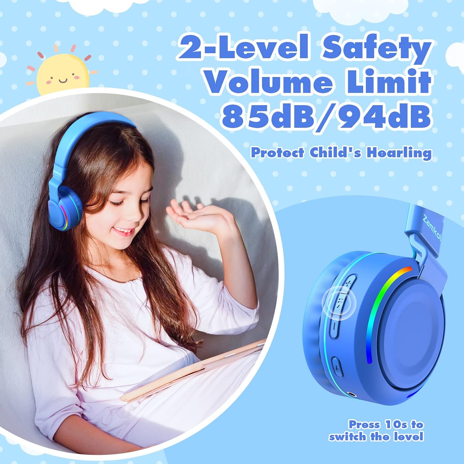 Zamkol ZH300 Pro headphones showing the volume limit switch and '2-Level Safety Volume Limit 85dB/94dB' text