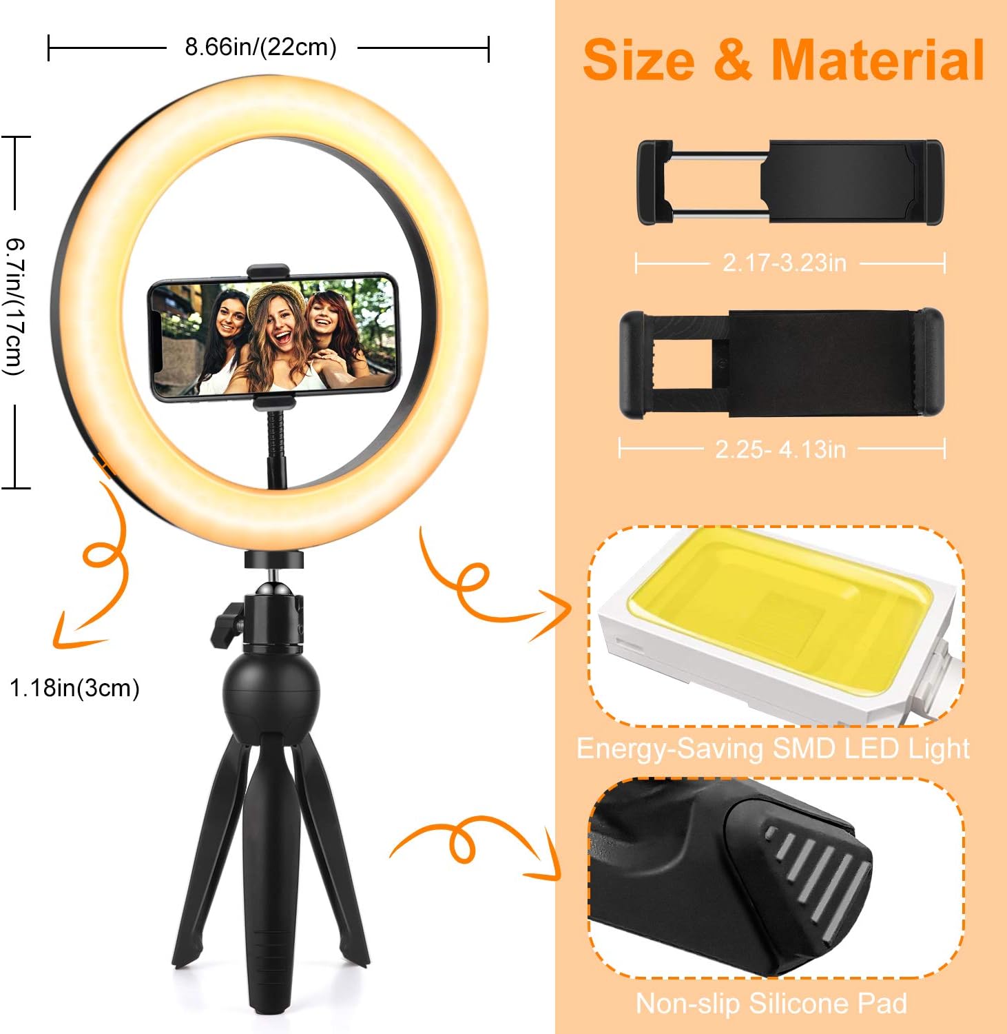 Selfie Ring Light with Tripod Stand and Phone Holder, 9"Dimmable Desktop LED Circle Light Ringlight for Live Stream, Makeup, YouTube, Video Shooting with Remote Control, 3 Light Modes & 10 Brightness