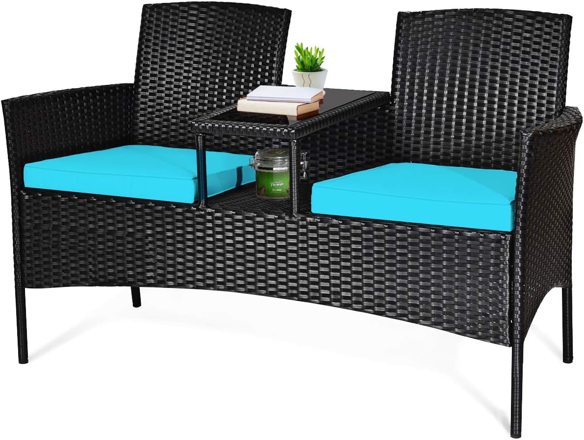 Wicker Patio Conversation Furniture Set, Outdoor Furniture Set with Removable Cushions & Table, Tempered Glass Top, Modern Rattan Bench for Garden Lawn Backyard