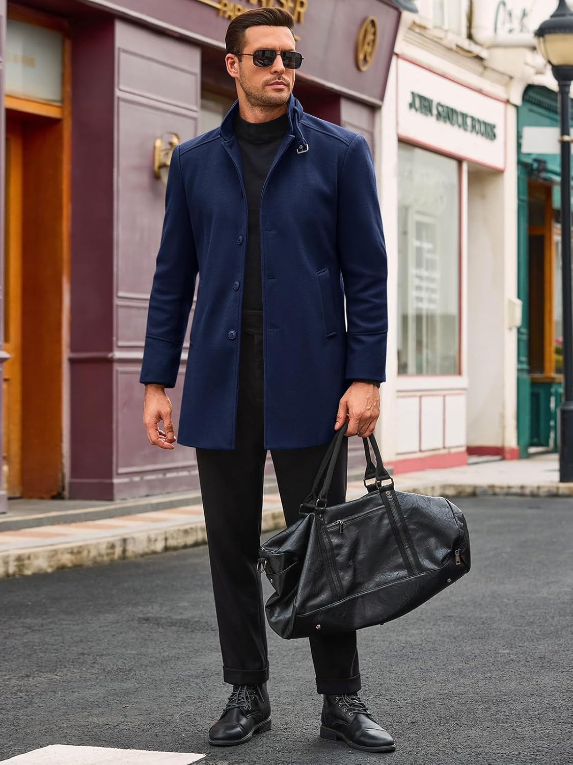 Runcati Mens Trench Coat Stand Collar Casual Slim Fit Single Breasted Pea Coat Overcoat - Image 4