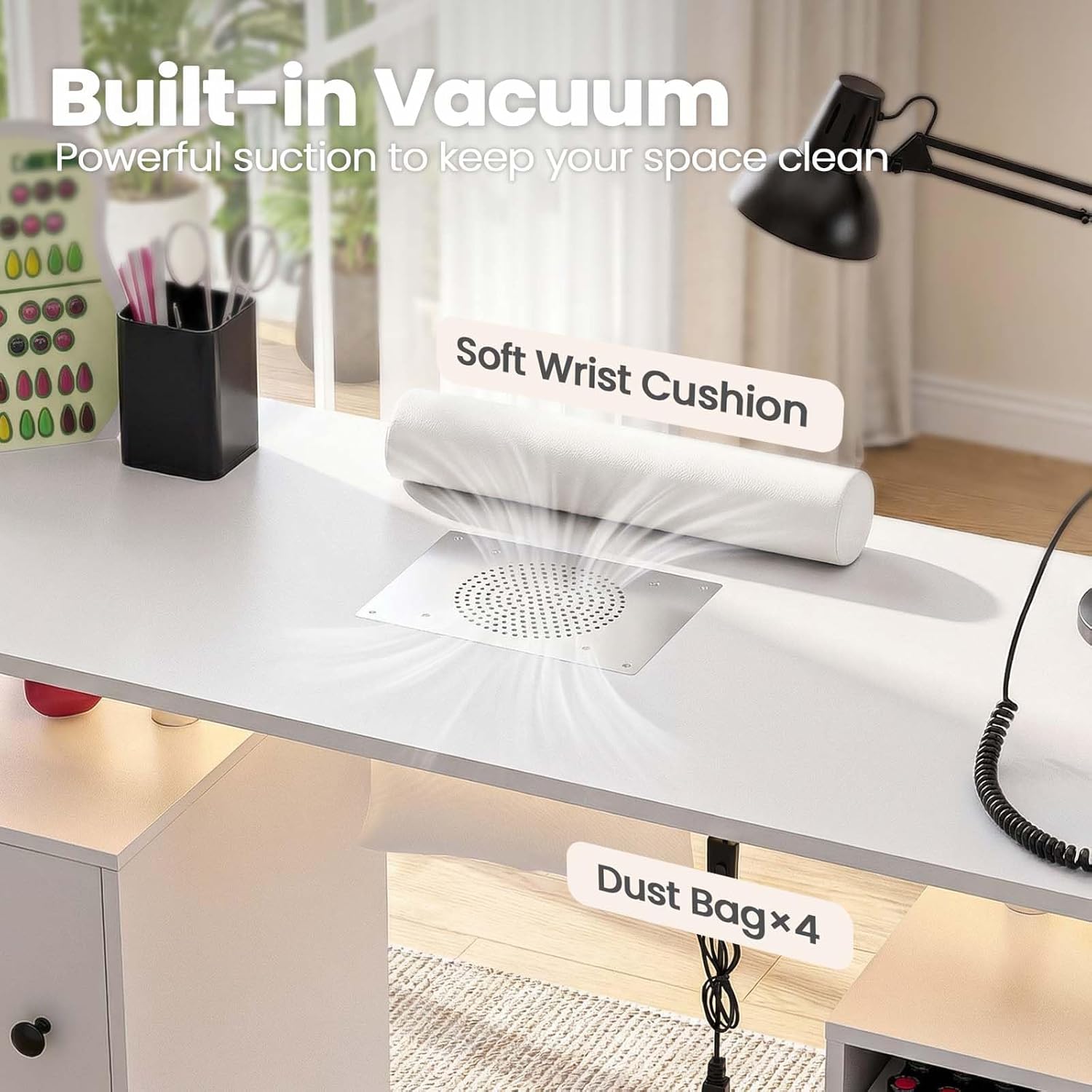 Nail Tech Table with Dust Collector & LED Light, Rolling Manicure Desk with Storage Drawers & Cabinets, Lockable Wheels, Acetone-Resistant Beauty Workstation for Salon, Home (White)