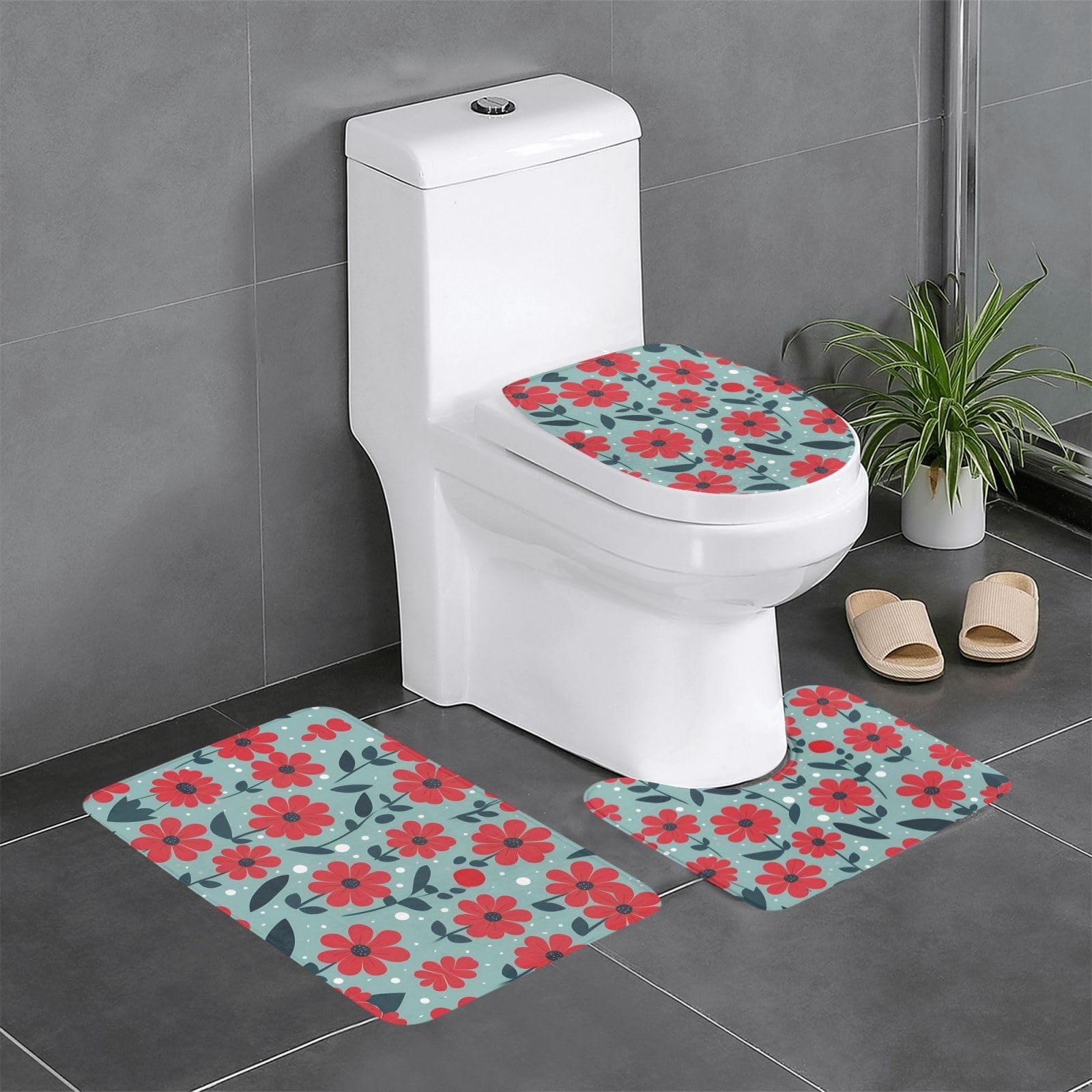Tapis de bain antidérapant : fini les glissades avec le lot de 3 tapis fleurs rouges