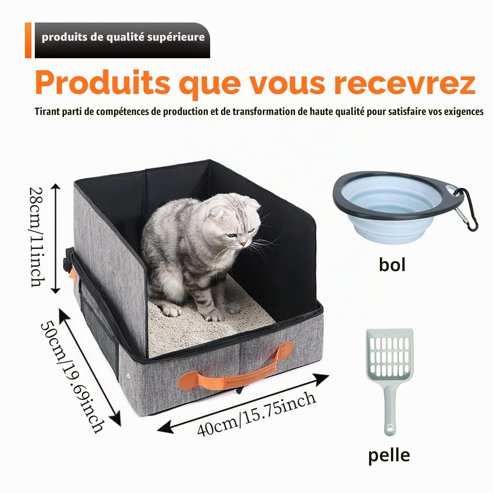 Bac À Litière De Voyage, Bac Litiere pour Chat Portable Et Pliable, Caisse Chat Litiere Et Portable, Litiere De Voyage en Tissu Oxford, Le Camping, Pliable, Étanche, 50 X 40 X 28 Cm, Gris