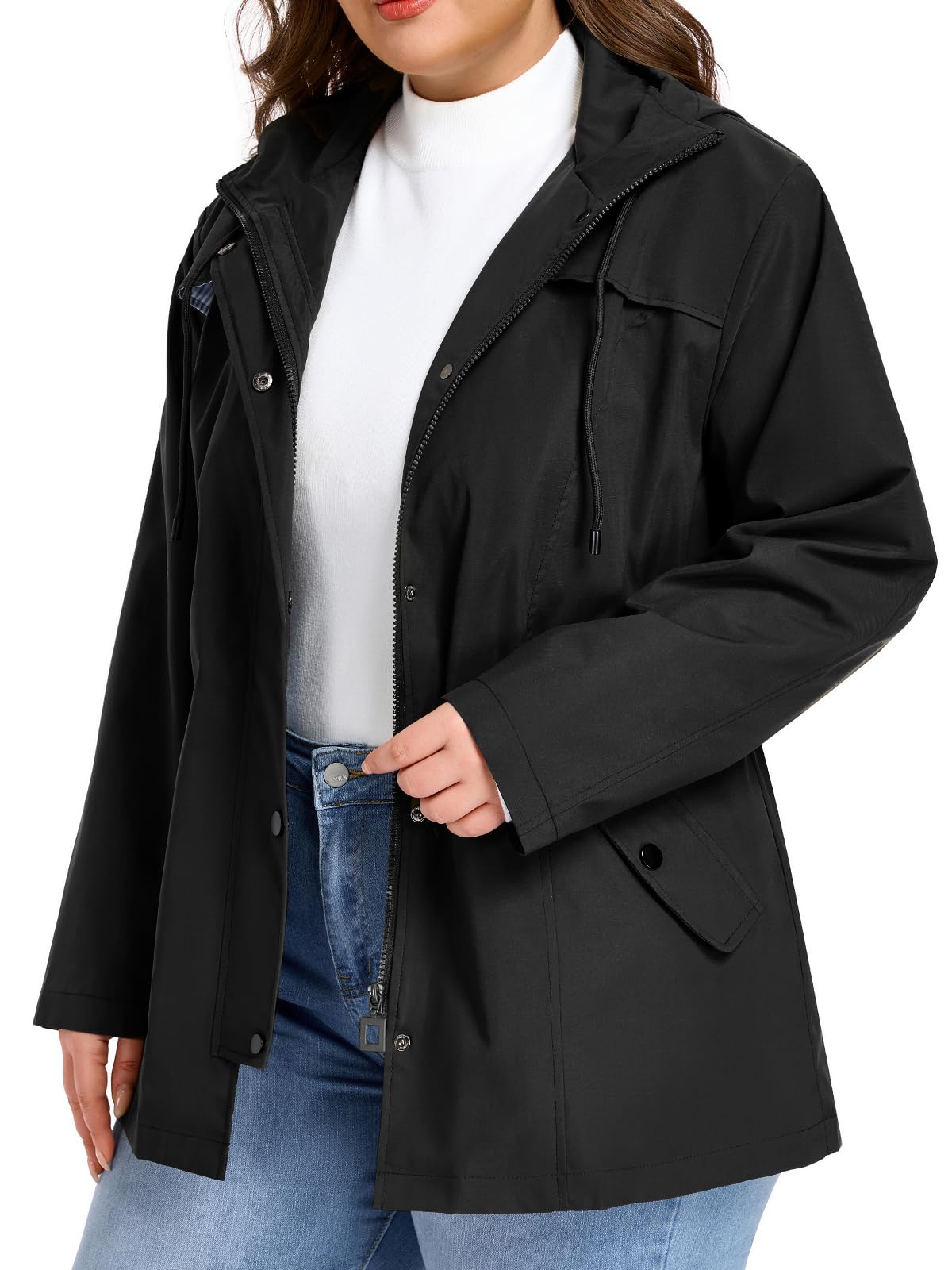 SaphiRose Women's Plus Size Rain Jacket Waterproof Rain Coat | Raincoat, windbreaker, lightweight, with hood, lining, drawstring waist, snap pockets, daily wear, hiking, outdoor, travel