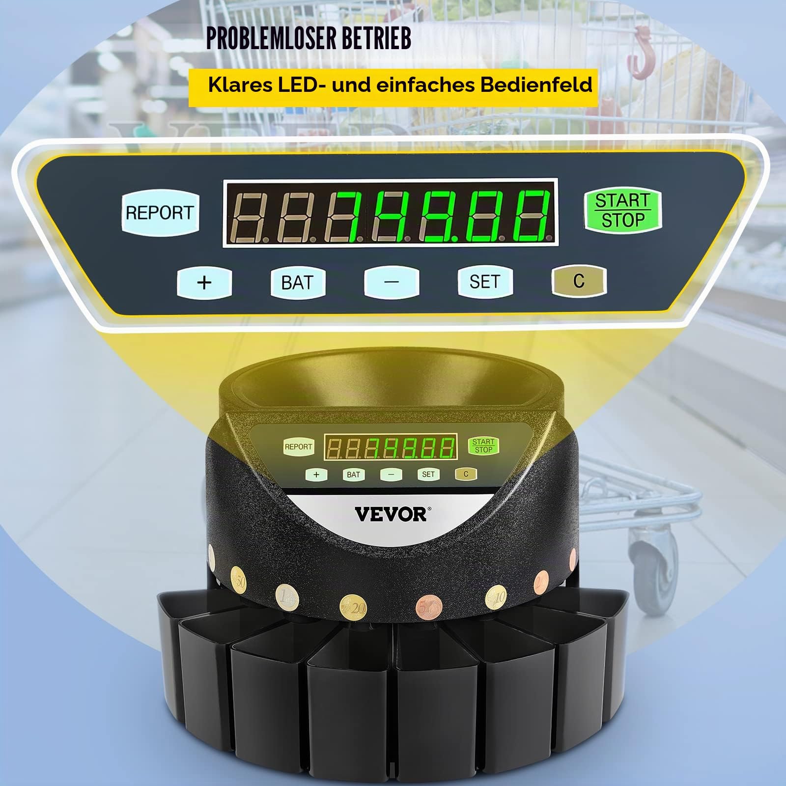 VEVOR Euro Münzzähler Sortierer 500-1000 Münzen Elektronische Automatik EUR Münzzählmaschine 300 Münzen pro Minute mit 8 Münzschubladen für Schulladenbank, schwarz