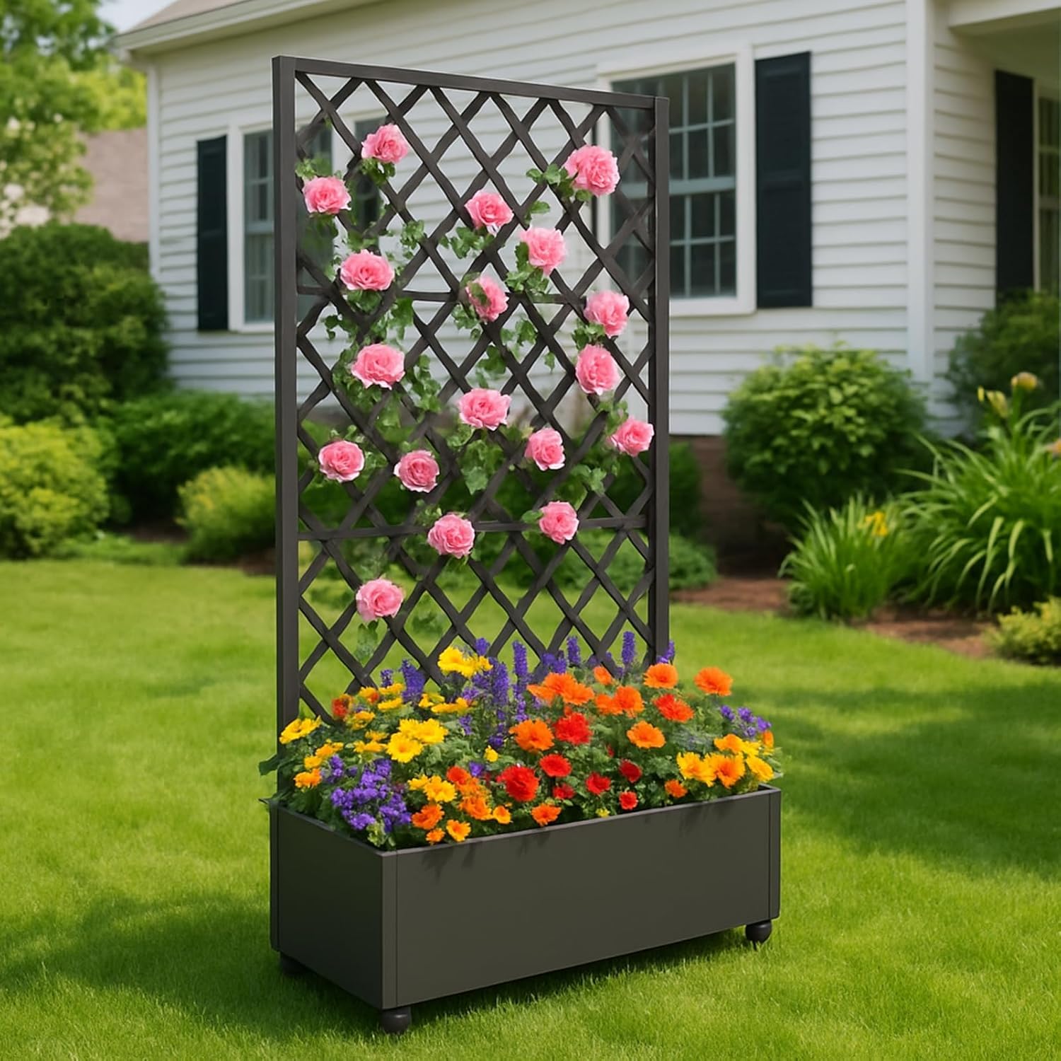 Metal Planter Box with Diamond Lattice Trellis, 72"X47" Galvanized Raised Garden Bed on Locking Wheels, Deep Planter with Drainage for Climbing Plants, Flowers, Patio & Balcony, Black