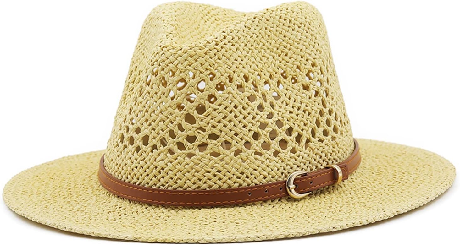 [YYUIXYJT] ファッション中空手作りカウボーイ麦わら帽子女性男性夏の屋外旅行ビーチ帽子ユニセックス固体ウエスタンサンシェード