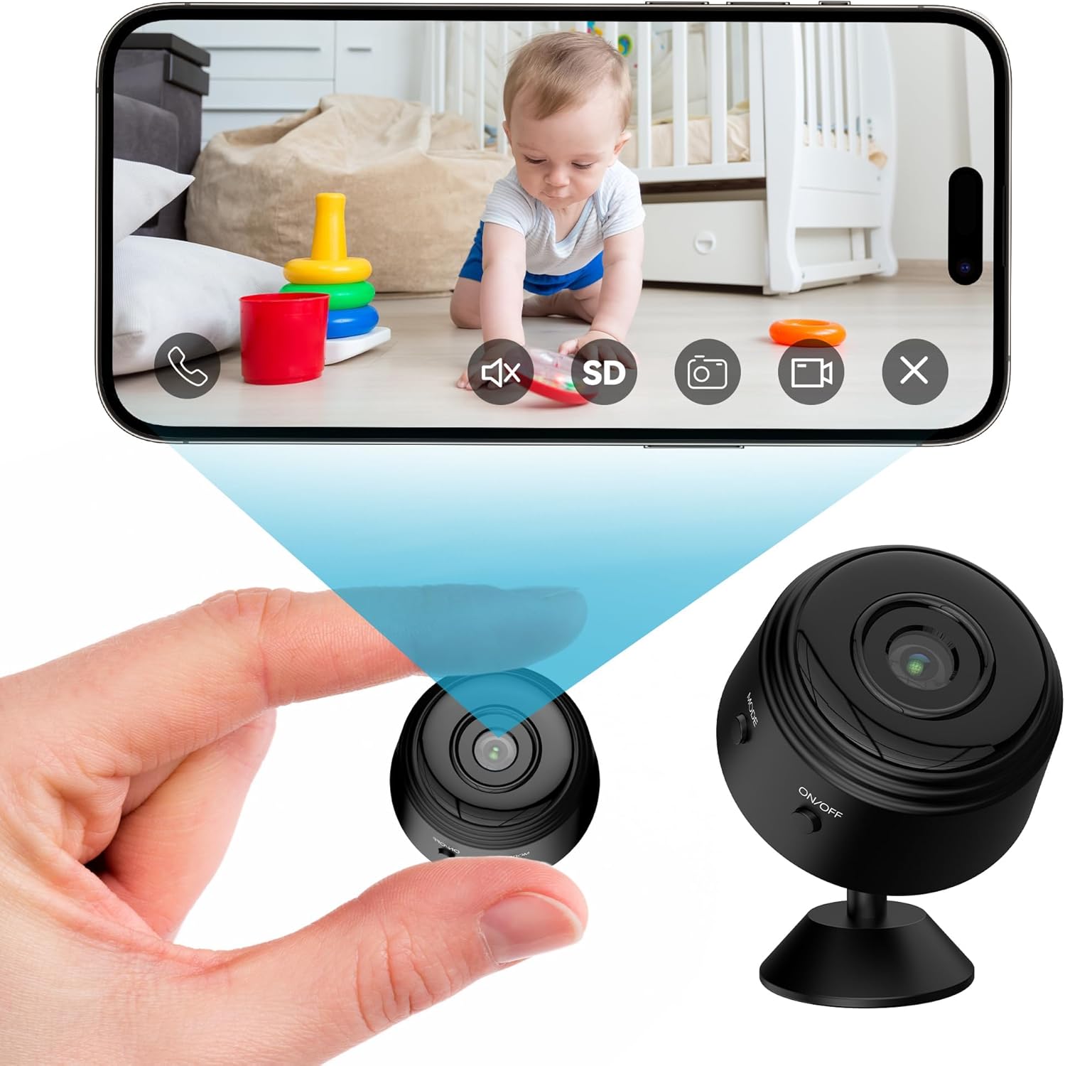 Oraolo Indoor Surveillance Camera held in hand with phone showing live feed