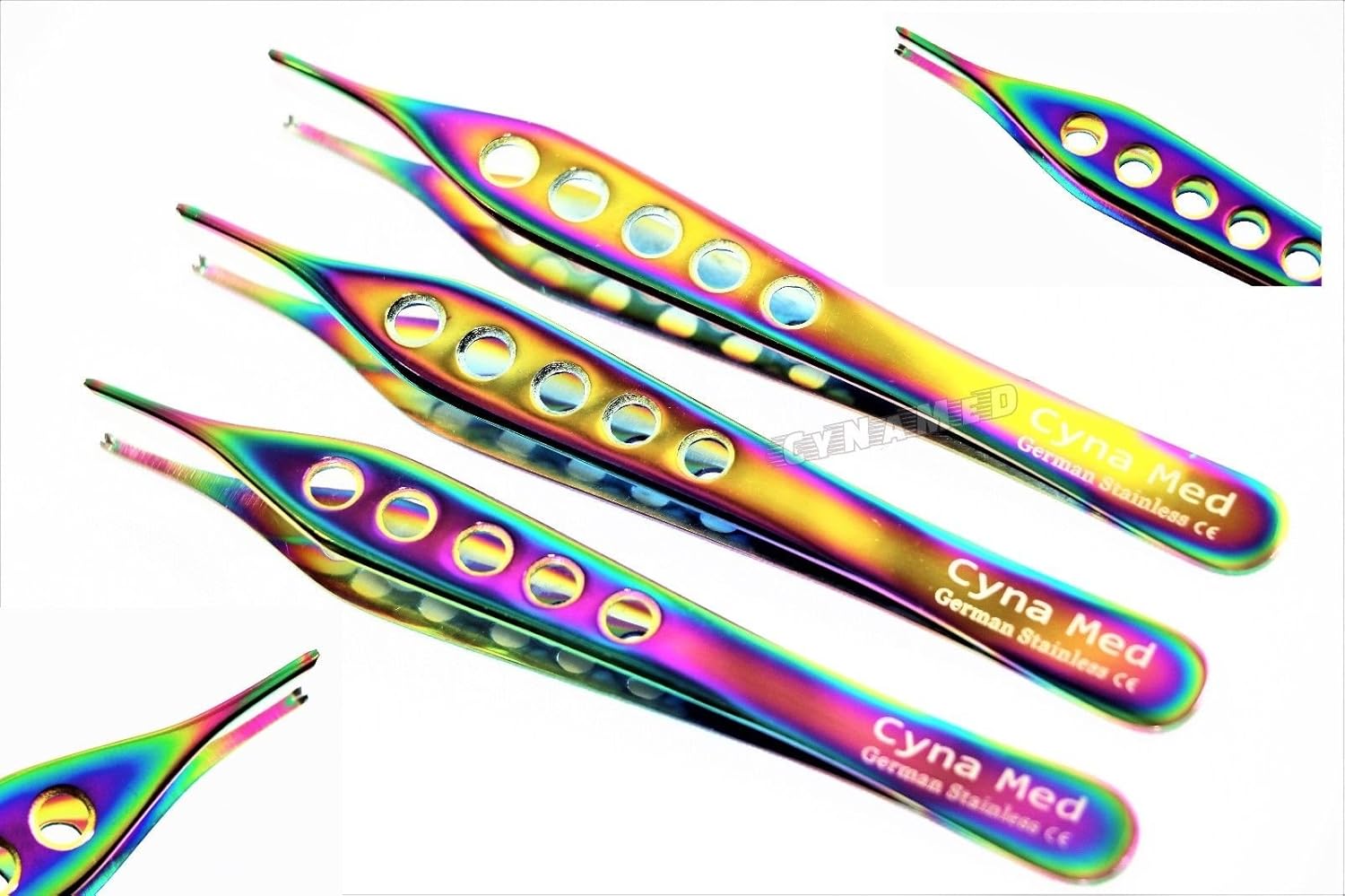 3ea Adson Kocher Tissue Forceps Micro 4.75 Inches 1x2 Teeth German Titanium Rainbow Stainless Steel Dissecting Cynamed