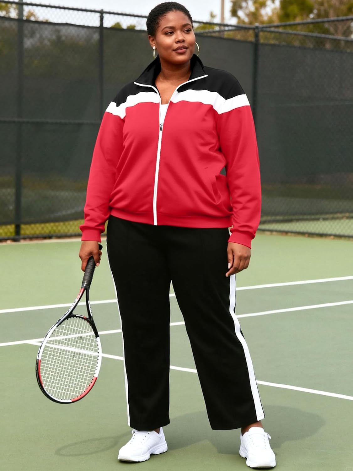 UOUA Plus Size Womens 2 Piece Sweatsuits Outfits Zip Up Jackets & Sweatpants Casual Loungewear Tracksuit Sets - Image 5