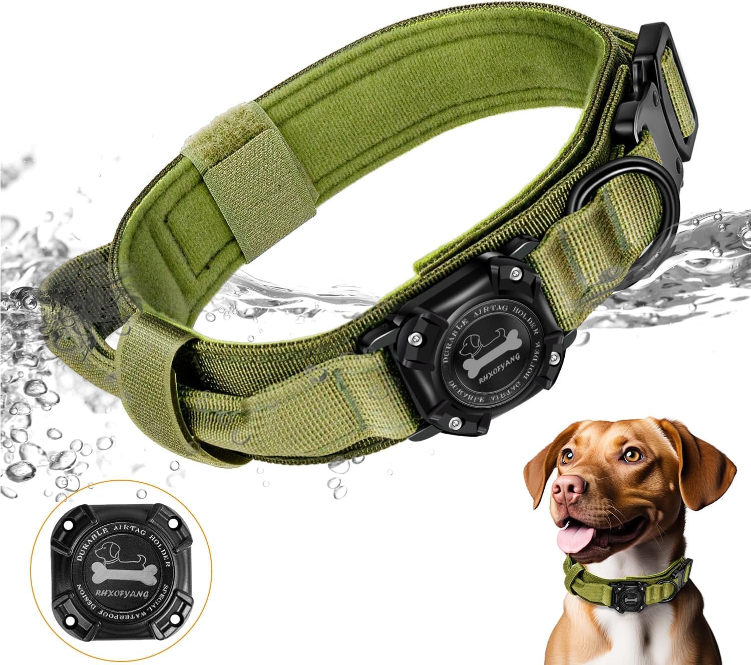 RHXOFYANG Airtag Dog Collar with Holder, IP68 Waterproof, Control Handle, Metal Buckle - Military Tactical, Medium Large Dogs (Green, XL)