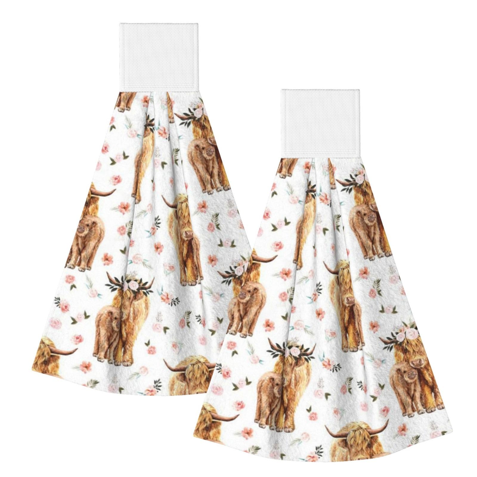 DOPKLNA Spring Pink Floral Scottish Highland Cow, 2 Pcs Hanging Coral Fiber Hand Towels for Bathroom, Absorbent Kitchen Towels