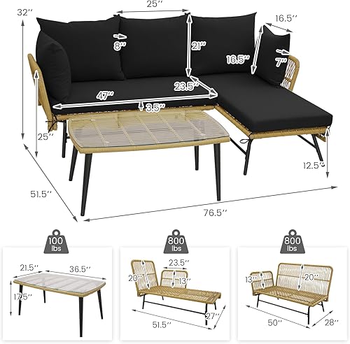 Miniatura 5 de Tangkula Juego de muebles de mimbre para exteriores, sofá de patio en forma de L de 3 piezas con cojines y mesa de vidrio templado, marco de metal