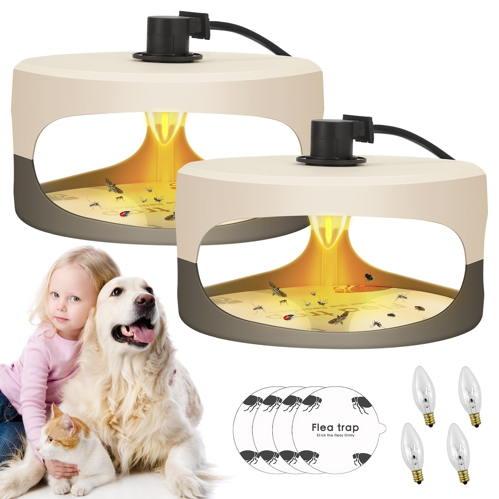 Flea Trap kit, 2pcs Flea Traps for Home, Dome Flea Bed Bug Trap with 4 Glue Discs and 4 Light Bulbs, Odorless, Non-Toxic, Natural Flea Lamp Catchers for Flies, Bed Bugs, Moths
