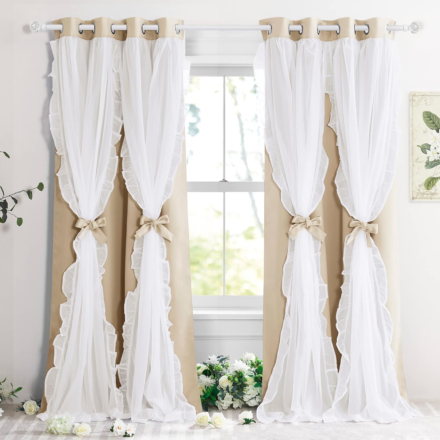 PONY DANCE Girls Curtains for Bedroom Decorative Drapes for Kids Double Layer Curtain Ruffle Sheer Overlay Room Darkening Pretty Chic Princess, 52x84 inch, Biscotti Beige, 2 PCs