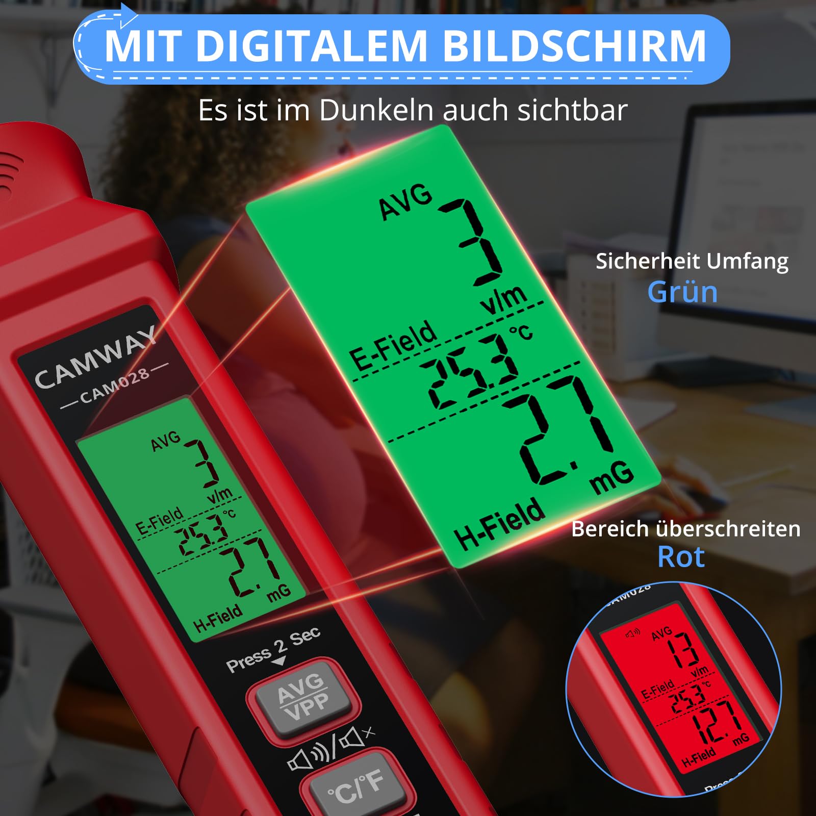 CAMWAY EMF-Messgerät, digitales EMF-Tester LCD Strahlungsdetektor für Elektrisches & Magnetisches Feld, Handheld EMF-Meter mit Dual Alarm