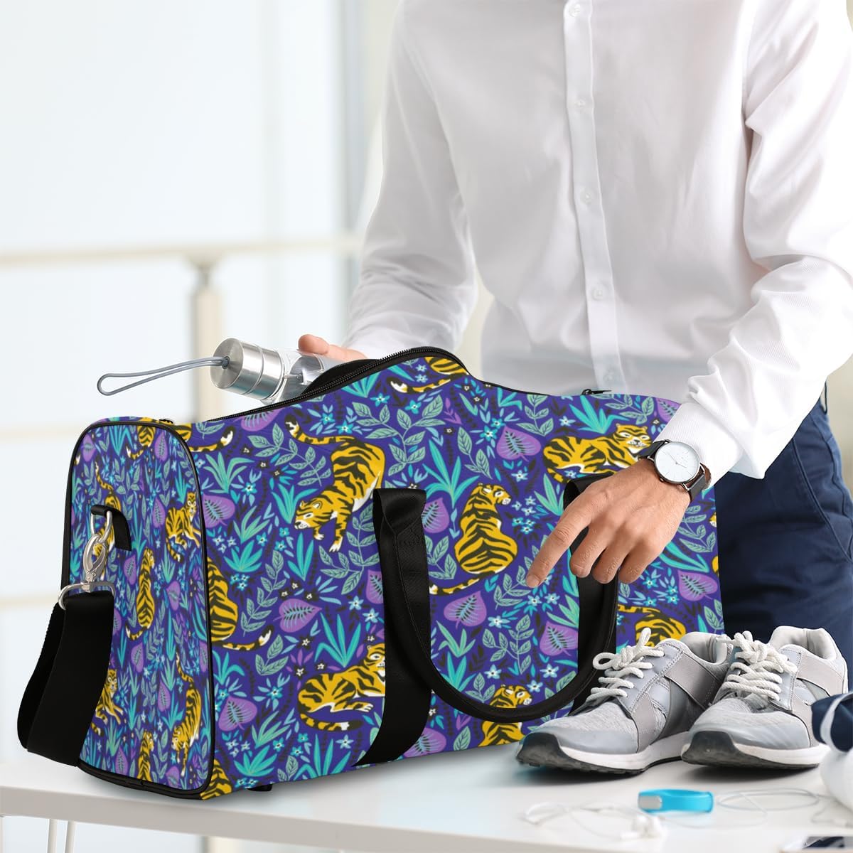 Cute Tiger Flowers Plants Travel Duffel Bag for Women Men Large Capacity Overnight Weekender Bags for Lightweight Waterproof Sport Gym Bag for Workout Yoga Swim