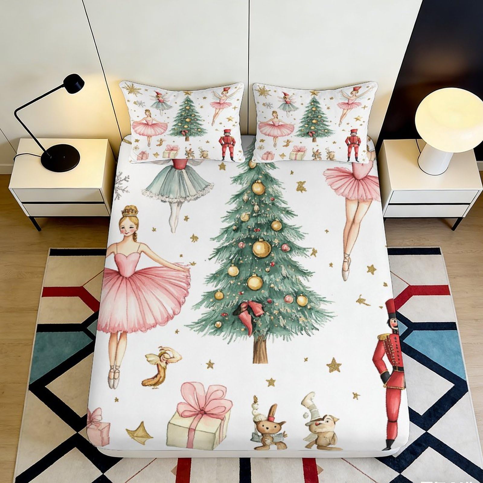 3D Printed Christmas Ballet Fitted Sheet Microfiber Soft Breathable Nutcracker Bed Sheet for Bedroom Dormitory Guest Room Mattress Protection Decor 200x200x25cm