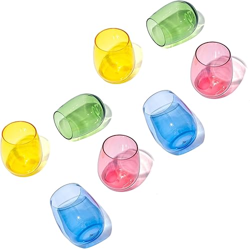 KX-WARE Vasos de vino acrílicos irrompibles de 18 onzas sin tallo, vasos de plástico multiusos, juego de 8 unidades, multicolor, apto para
