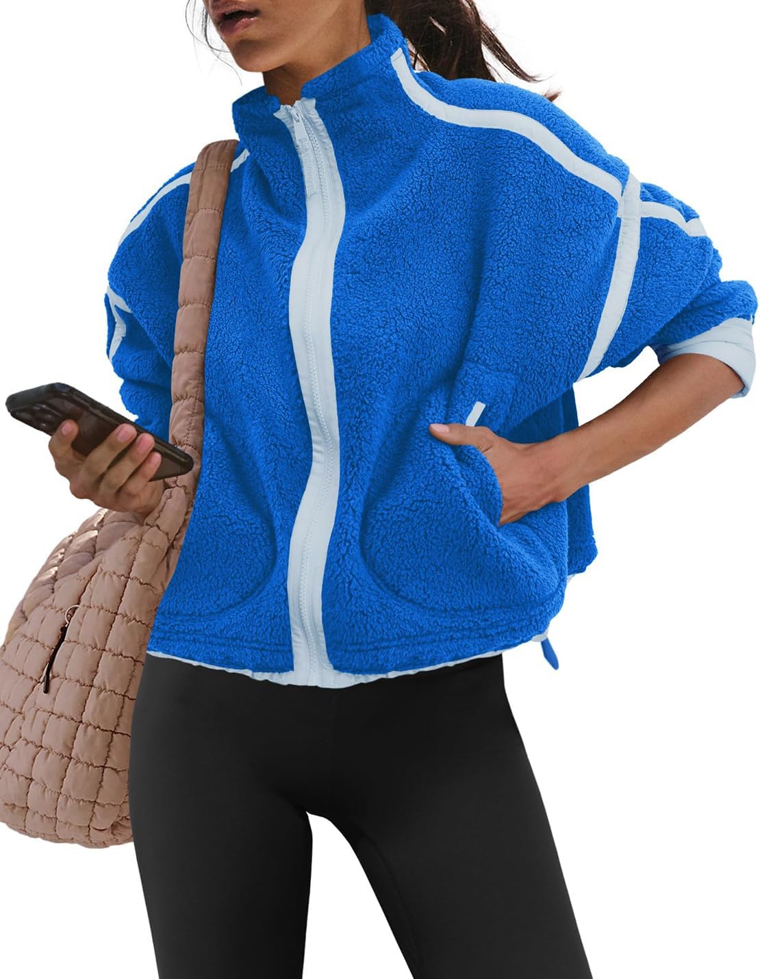 Womens Sherpa Fleece Jacket Zip Up Fuzzy Casual Oversized sweatshirts with Pockets Fall Winter Cozy Outerwear - Image 2