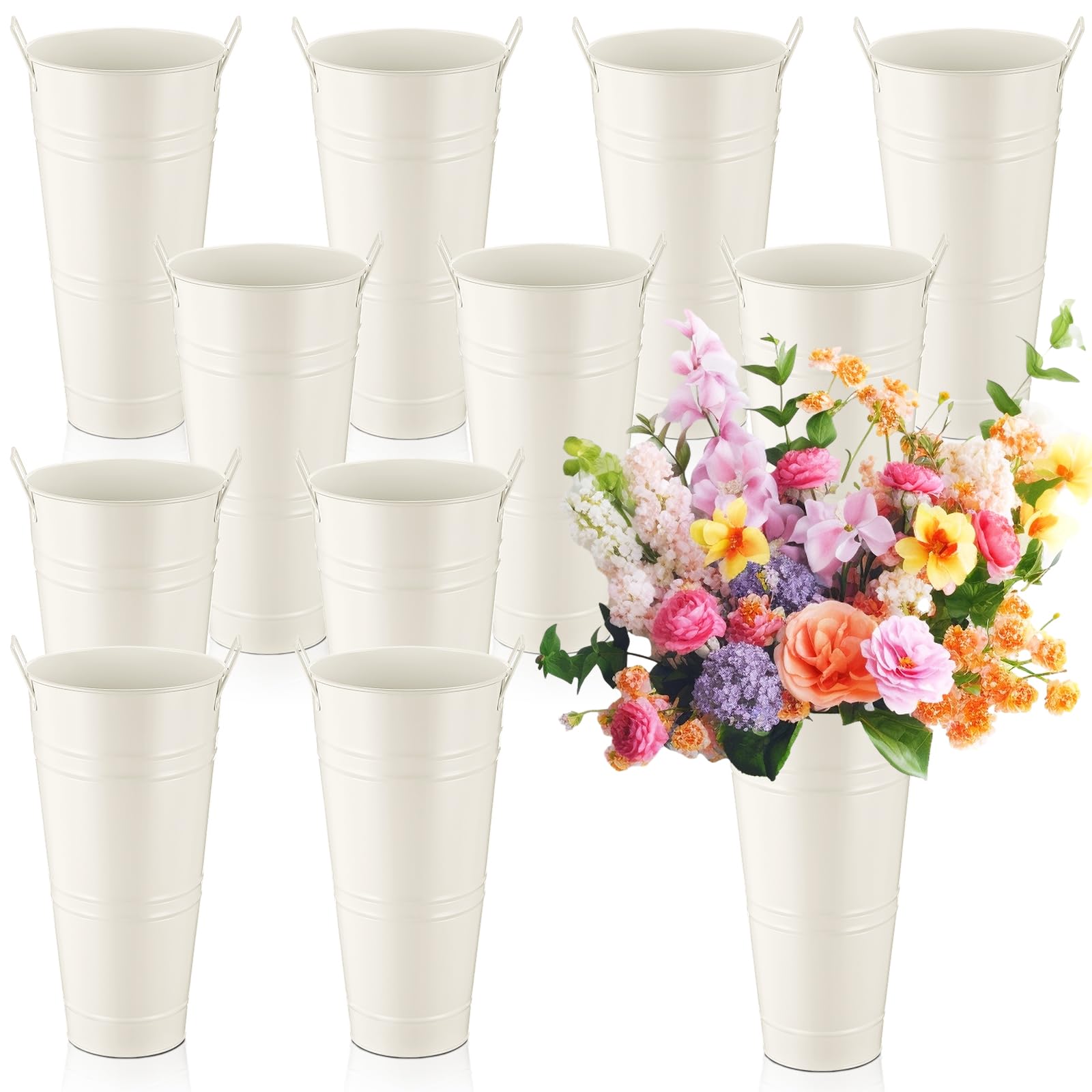 Zhehao 12 PCS 12 Inch Galvanized Metal Vase with Handles Bulk Tin Flower Buckets Galvanized Vases for Flowers Country Wedding Table Centerpieces Metal Flower Vase for Wedding Home (Creamy White)