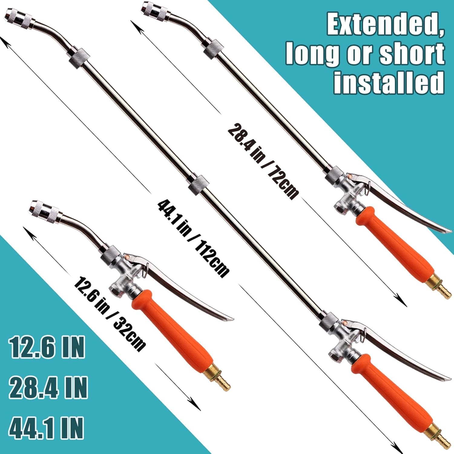 Baguette de pulvérisation entièrement en métal de 112 cm, convient pour les raccords rapides de tuyau de 1,27 cm et 9,5 mm, robinet d'arrêt intégré en acier inoxydable, avec connecteur de tuyau