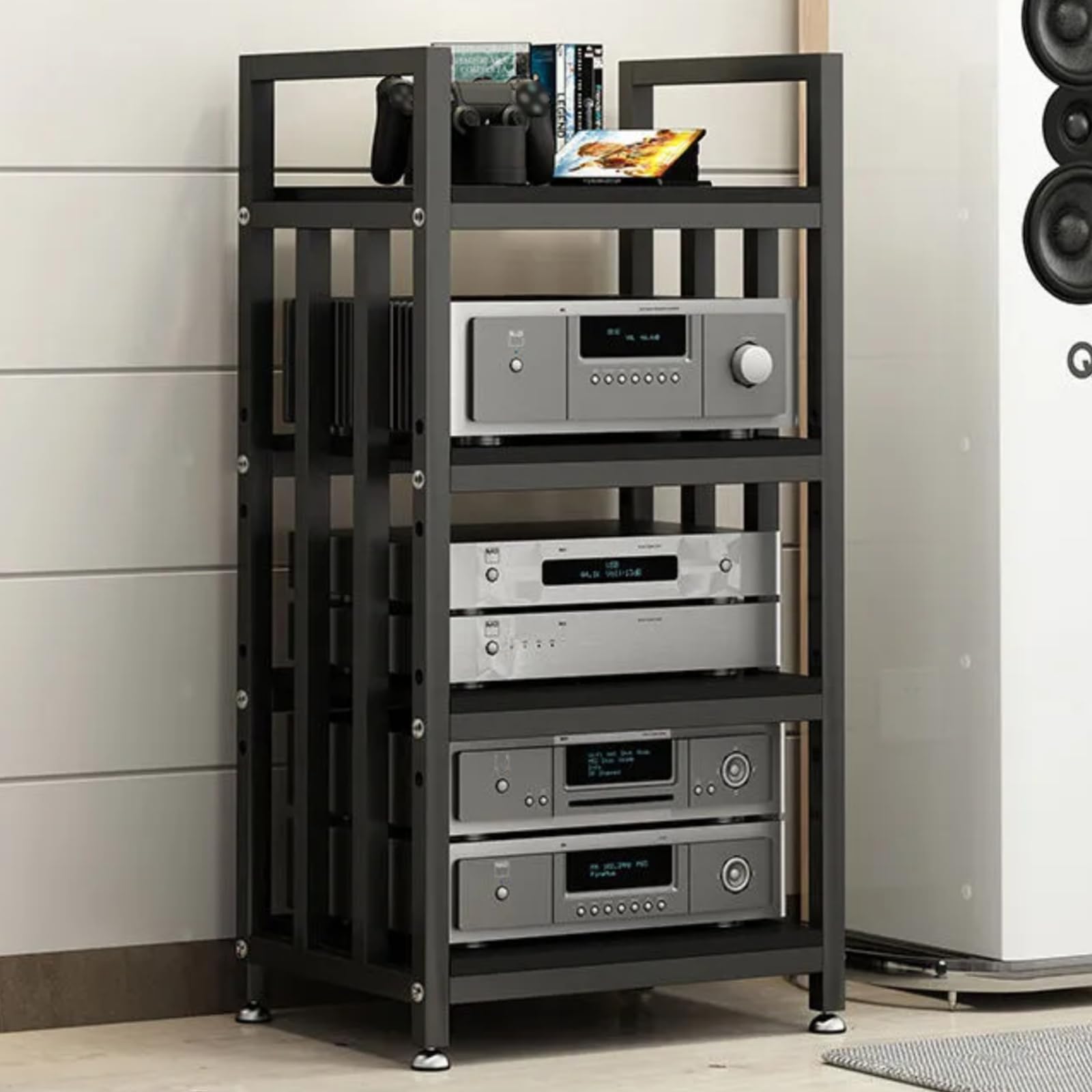 Supporto multimediale AV a 4 livelli con ripiani regolabili, mobile audio in metallo per home theater e sale giochi, nero