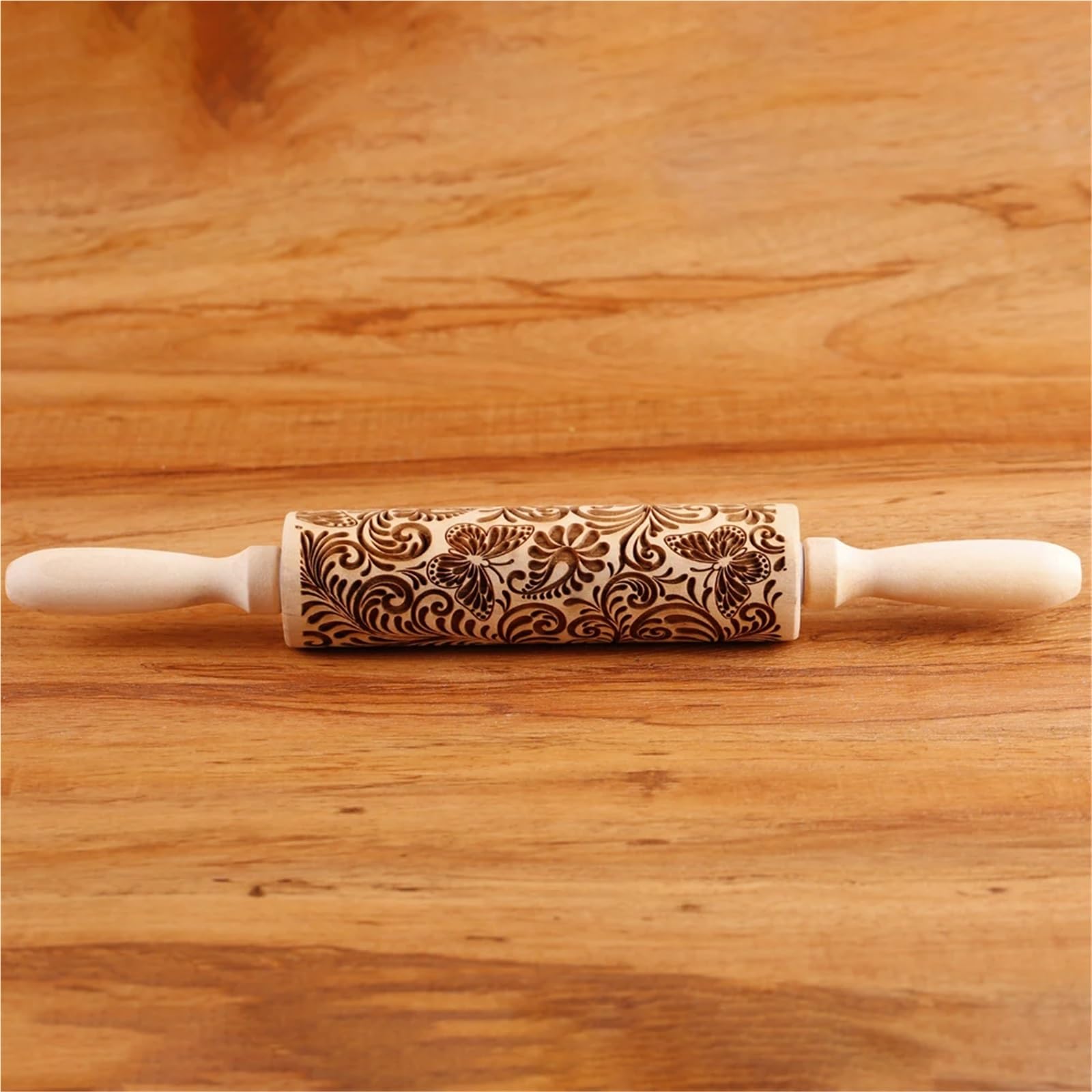 Rodillo de madera con relieve de mariposa de 13,7 pulgadas for repostería, cocina, herramientas for hornear, grabado profundo de enredadera de árbol, sello for galletas. Rodillo para Masa Madera