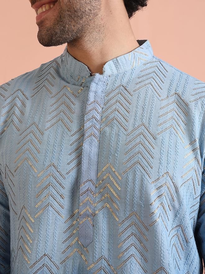 Image of KISAH Men's Navy Blue Printed Cotton Kurta - Regular Fit Long Tunic with Mandarin Collar | Ethnic Wear for Weddings & Festive Occasions