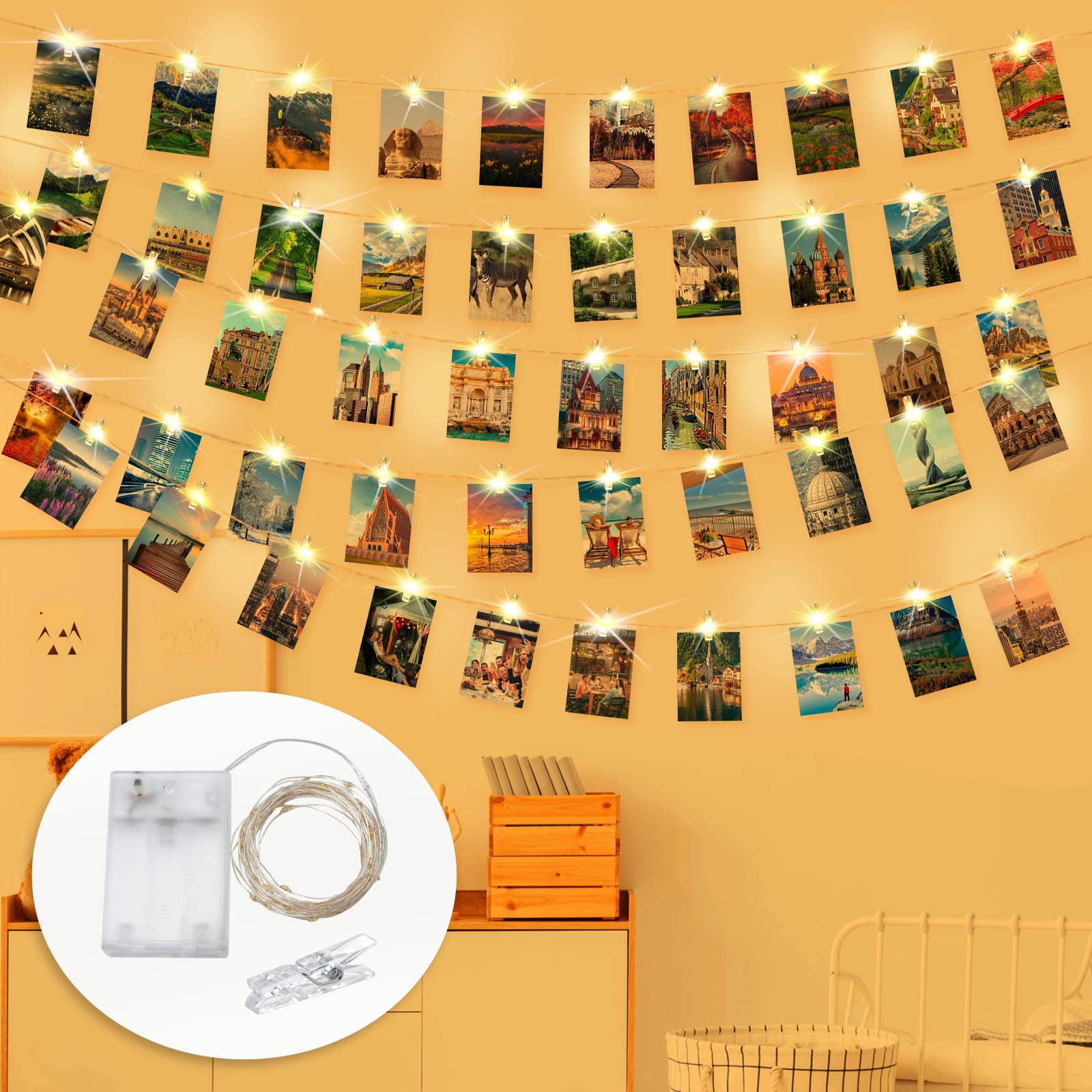 MOTONG5M 50 LED Photo Clip String Lights Copper Wire, Photo Peg Lights with 40 Clips, Great for Birthday Party, Home, Dorm, Christmas Decor Lights