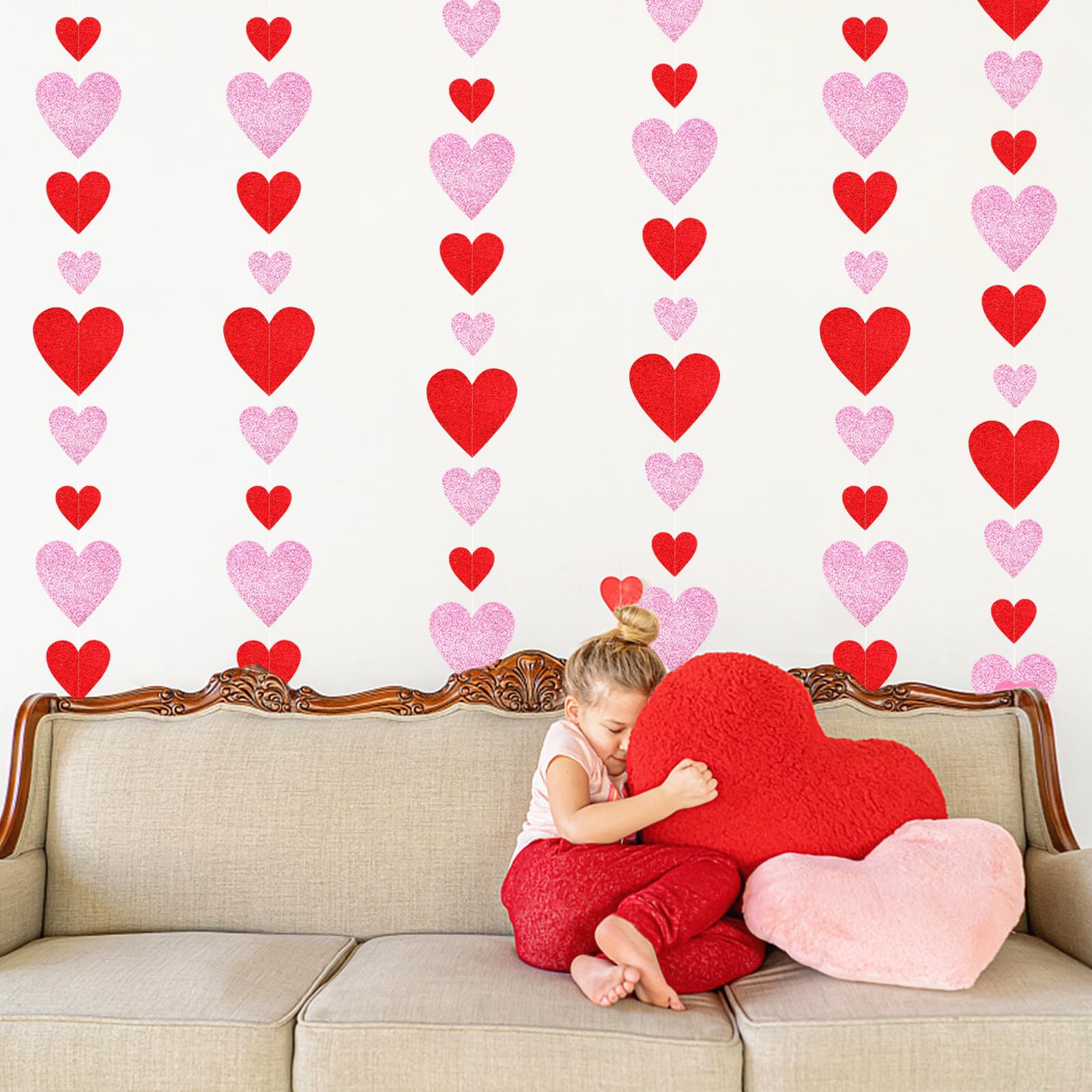 Guirnalda de corazón para decoración de fiesta del día de San Valentín, 6 serpentinas colgantes de amor rosa y rojo, romántica noche especial, baby shower, boda, aniversario, galentinas, decoración de
