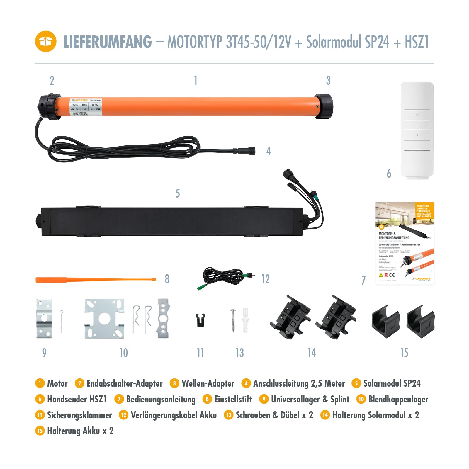 3T-MOTORS Funk-Markisenmotor Set 3T45-50/12V + Solarpanel + HSZ1 (Zugkraft 50 Nm/100 kg) für 78 mm Markisenwelle, zum Nachrüsten bei Markisen bis 8 m Ausladung, Markisenantrieb