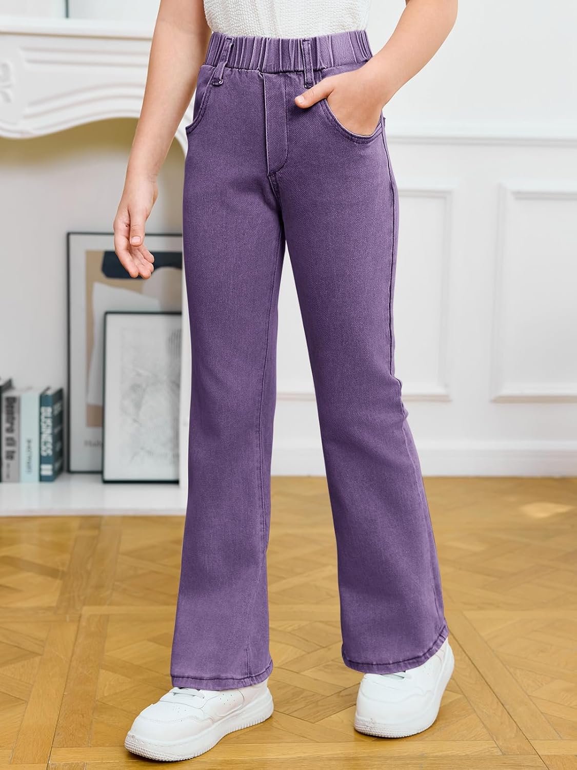 Haloumoning Girls Flare Jeans Kids Fashion Stretchy Denim Pants Bell Bottoms with Pockets - Image 3