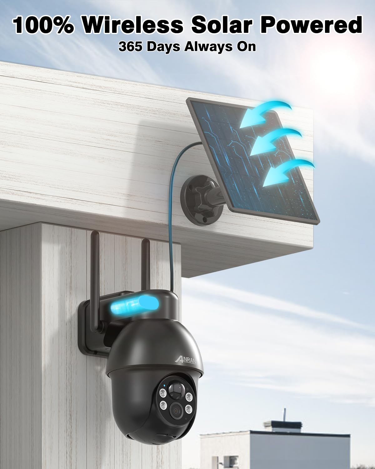 ANRAN Solarna kamera monitorująca 5 MP, do użytku na zewnątrz, WiFi, 3K 360°, PTZ, widoczność na zewnątrz, kolorowa widoczność w nocy, dwukierunkowe audio, wykrywanie ruchu PIR, inteligentny alarm
