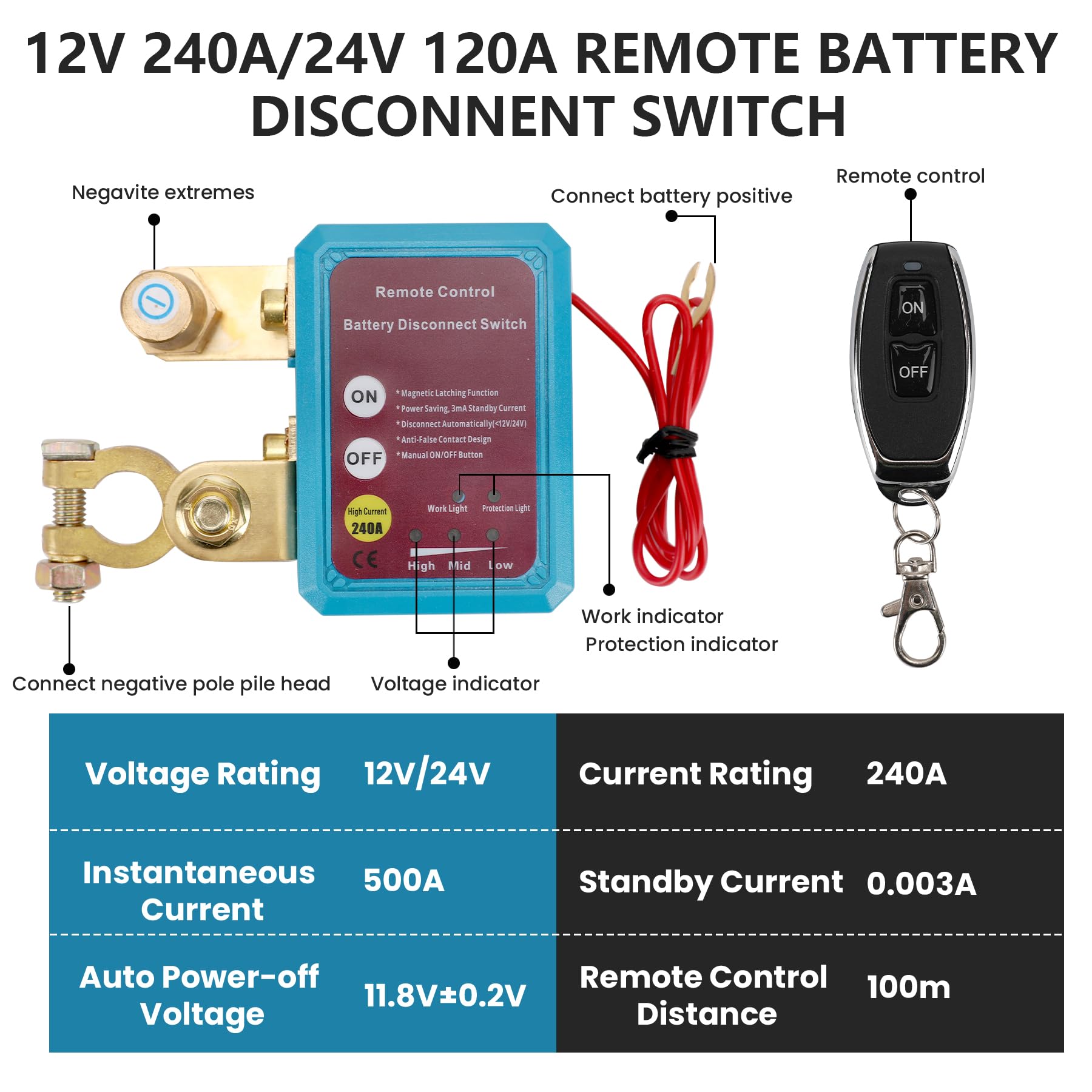12V Desconectador de Bateria Coche con Control Remoto, Corta Corriente Bateria 12V Coche 240A Interruptor Bateria Coche, Desconectador Bateria Automática Para Moto Camión Barco Antirrobo