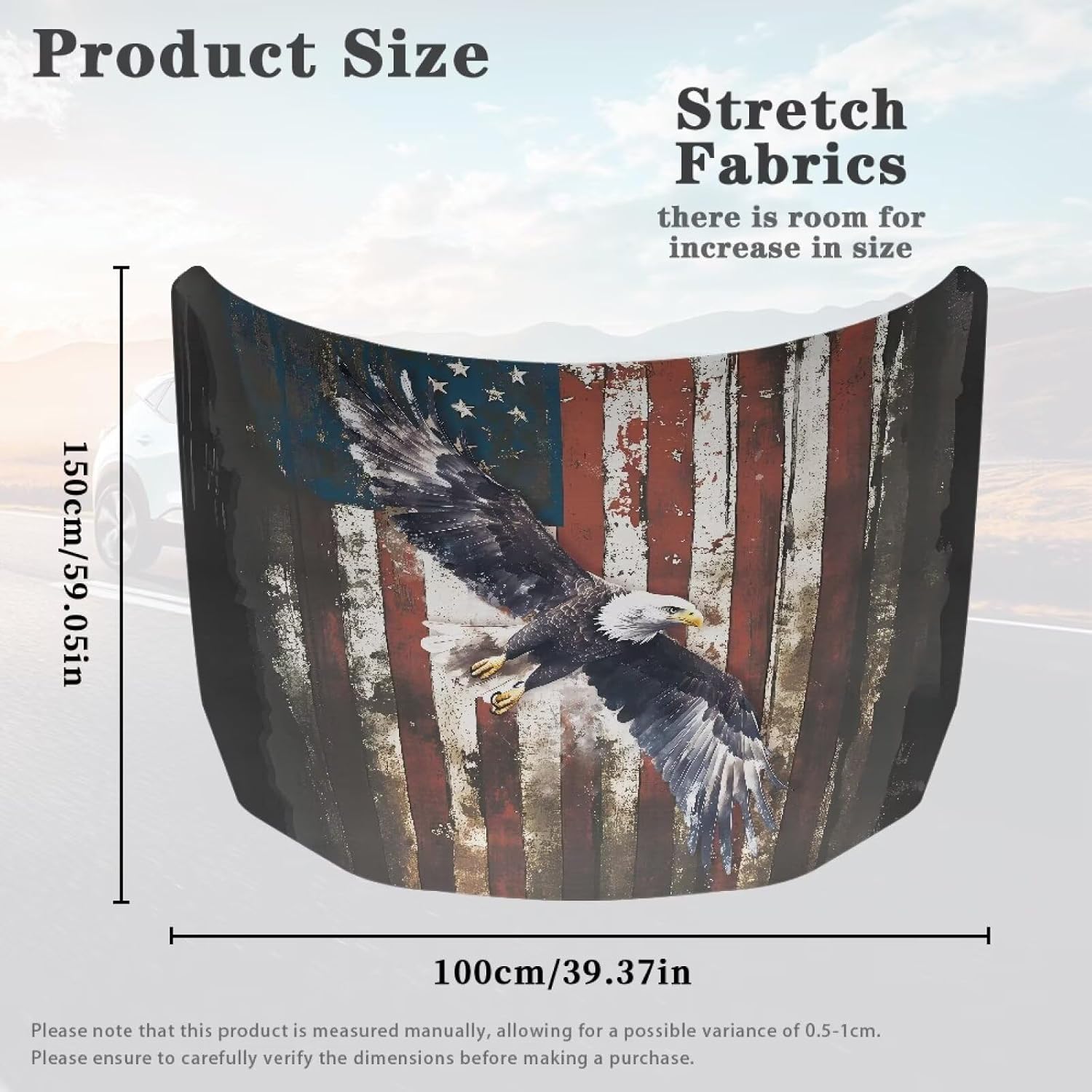 Horeset Car Hood Cover Wrap Vehicle Hood Blanket American Flag Bald Eagle Decoration for Cars Outdoor Indoor Automotive Exterior Accessories for Most Sedan Small SUV Truck
