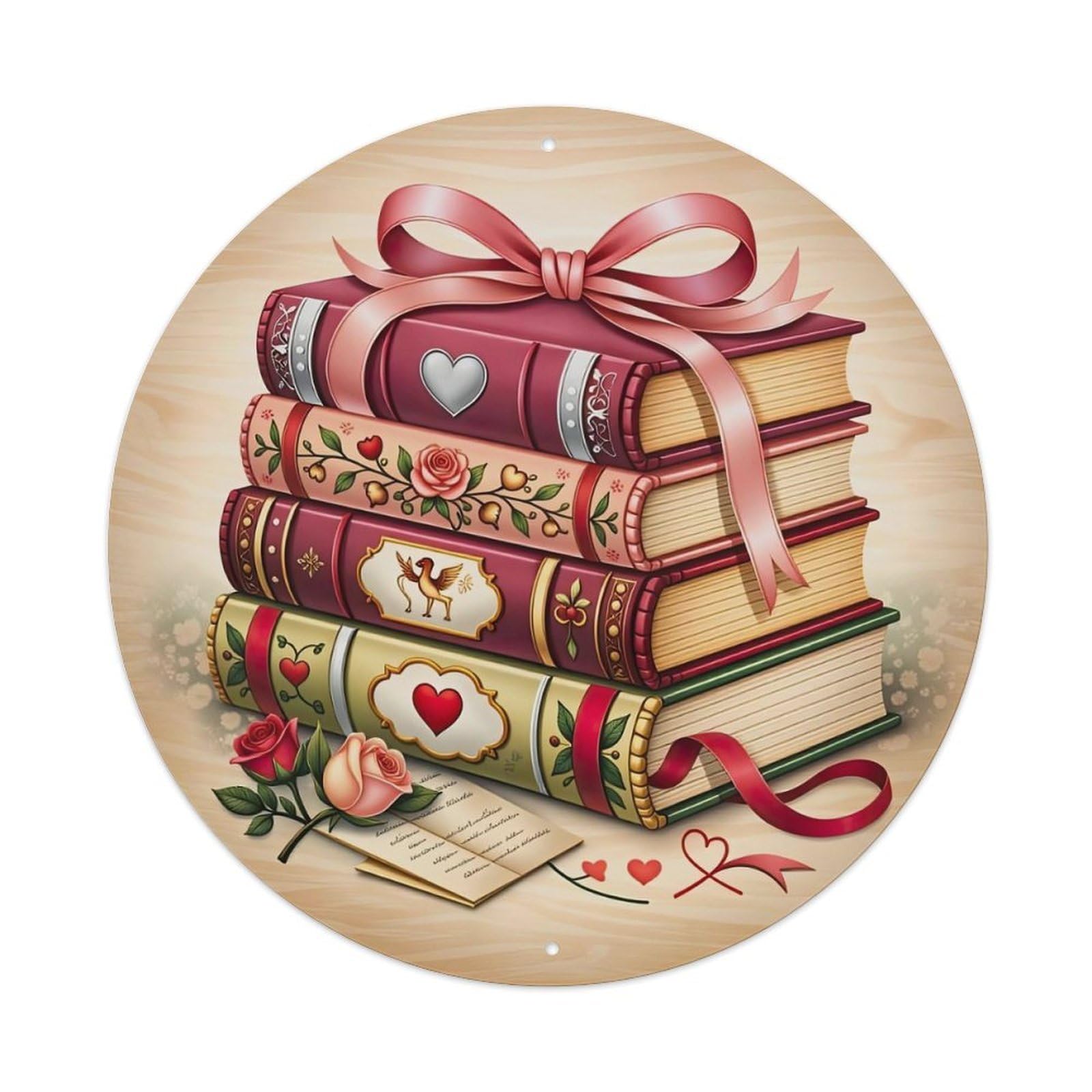 Romantic Book Stack With Hearts And Roses Metal Tin Sign