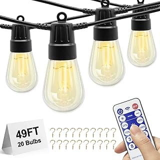 LED Outdoor String Lights 49FT, Patio Lights with Remote, IP65 Waterproof String Lights for Outside with 20 Shatterproof Bulbs, Commercial Hanging Lights for Patio Porch Garden Decor 2700K Warm White