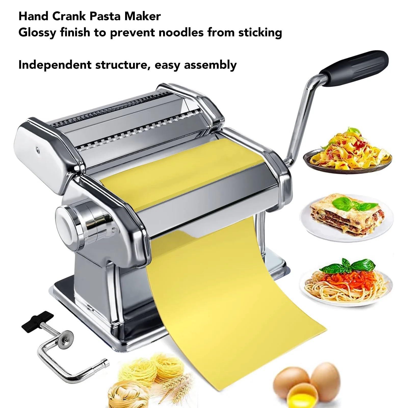 Amasadora manual para pasta Máquina for hacer fideos con manivela, rodillo de masa acero inoxidable, 7 configuraciones grosor (0,5-2,5 mm)