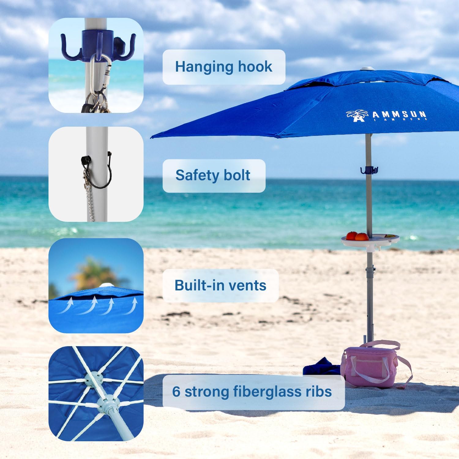 AMMSUN 8ft Large Beach Umbrellas for Sand Heavy Huty Wind Portable Commercial Grade Patio Beach Umbrella with Sand Anchor Adjustable Height Air Vent UPF 50+ Telescoping Pole without tilt Dark Blue